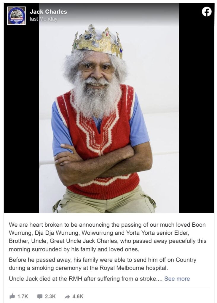 Uncle Jack Charles Facebook Post